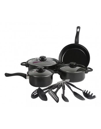 Juego de utensilios de cocina, ollas negro.