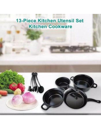 Juego de utensilios de cocina, ollas negro.